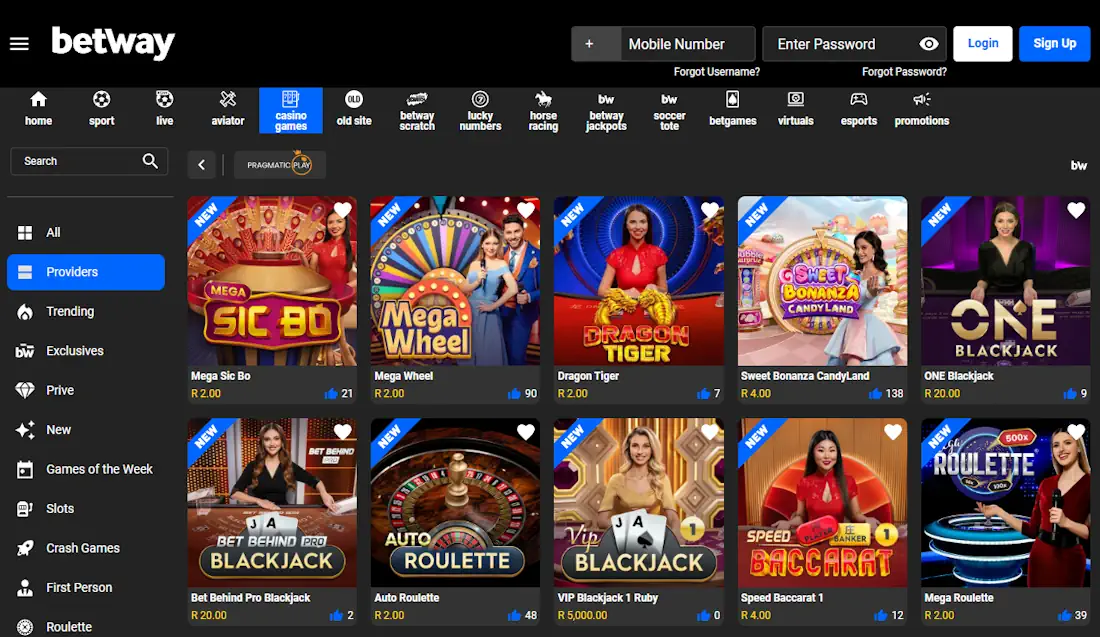 Betway Pragmatic Play Games Screenshot